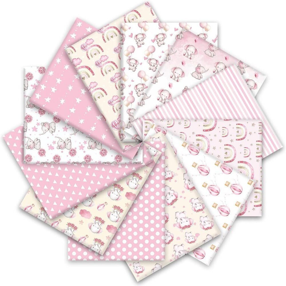 Pink Elephant Hot Air Balloon Star Baby Shower Cotton Fabric Bundles - 12 Pcs, 1